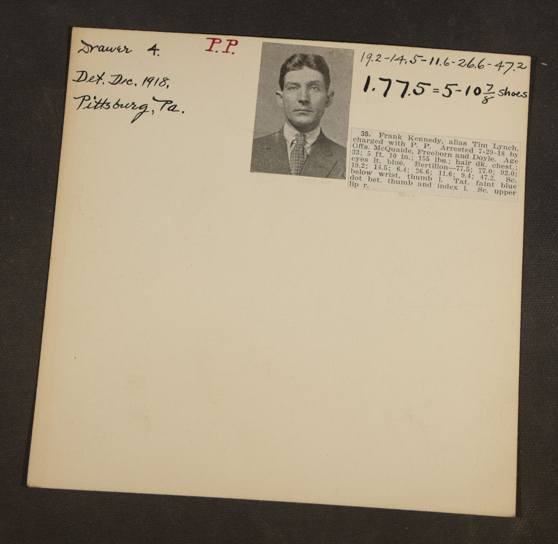 Grouping of Eight Antique Police Mugshot and Criminal Record Cards with Printed Photographs including Phillip Schynard, Kansas State Penitentiary First Degree Murder Escapee, and Con Men from Pittsburgh, Pennsylvania