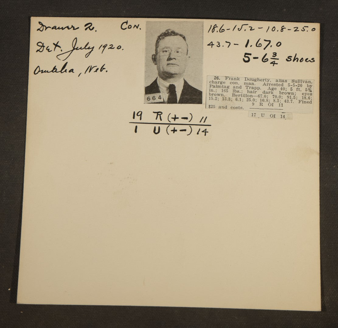 Grouping of Eight Antique Police Mugshot and Criminal Record Cards with Printed Photographs including Phillip Schynard, Kansas State Penitentiary First Degree Murder Escapee, and Con Men from Pittsburgh, Pennsylvania