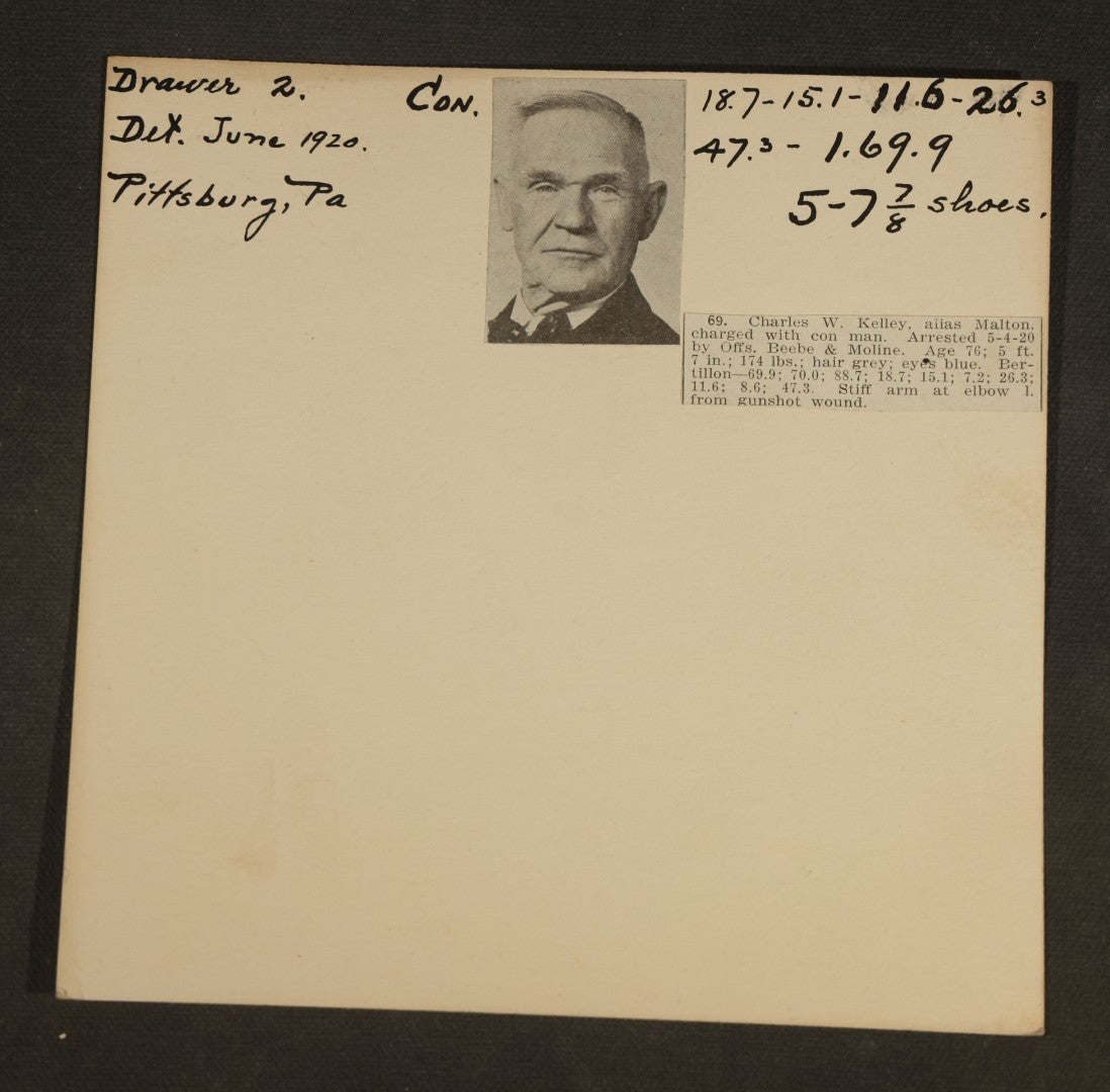 Grouping of Eight Antique Police Mugshot and Criminal Record Cards with Printed Photographs including Phillip Schynard, Kansas State Penitentiary First Degree Murder Escapee, and Con Men from Pittsburgh, Pennsylvania