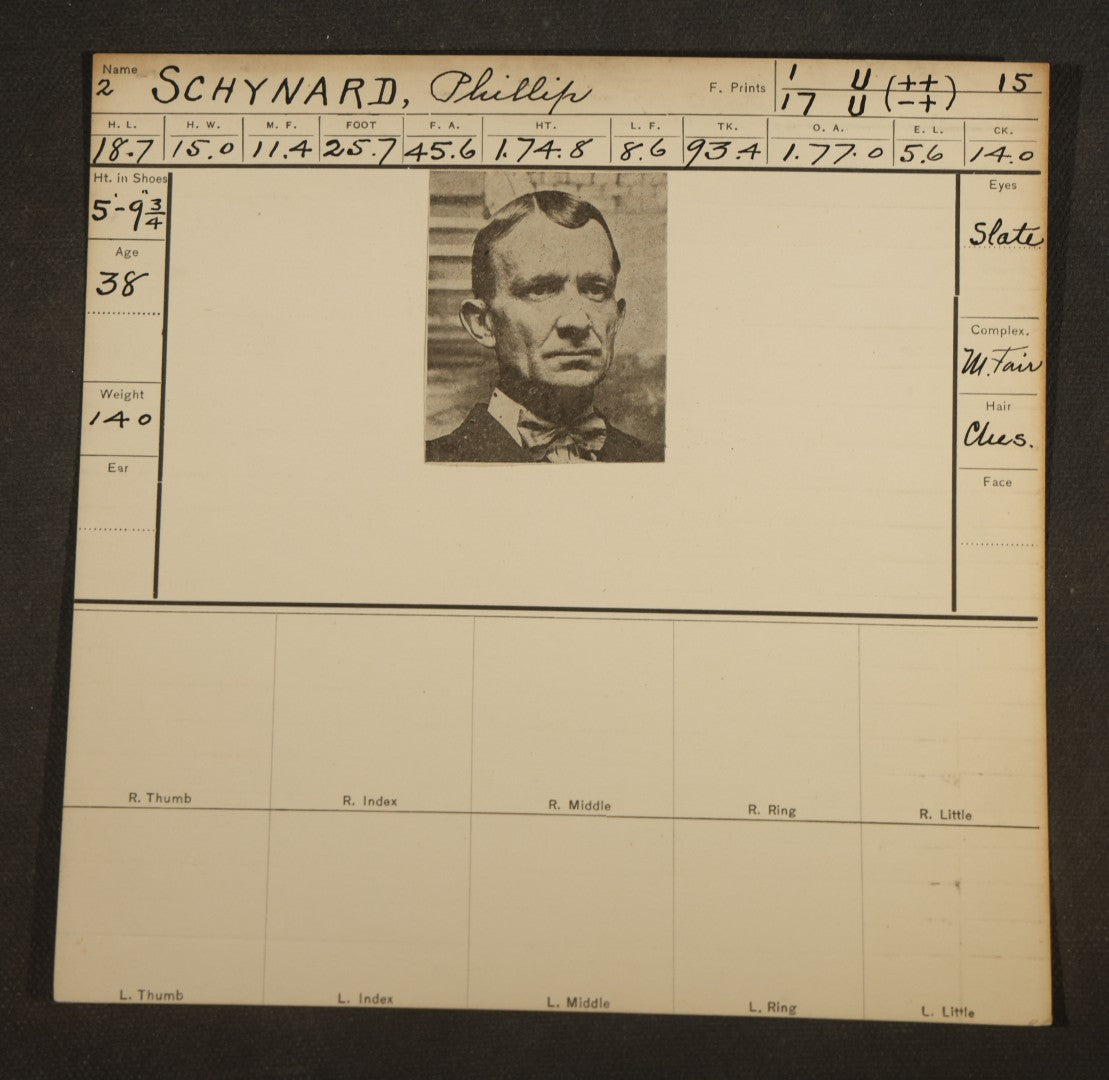 Grouping of Eight Antique Police Mugshot and Criminal Record Cards with Printed Photographs including Phillip Schynard, Kansas State Penitentiary First Degree Murder Escapee, and Con Men from Pittsburgh, Pennsylvania