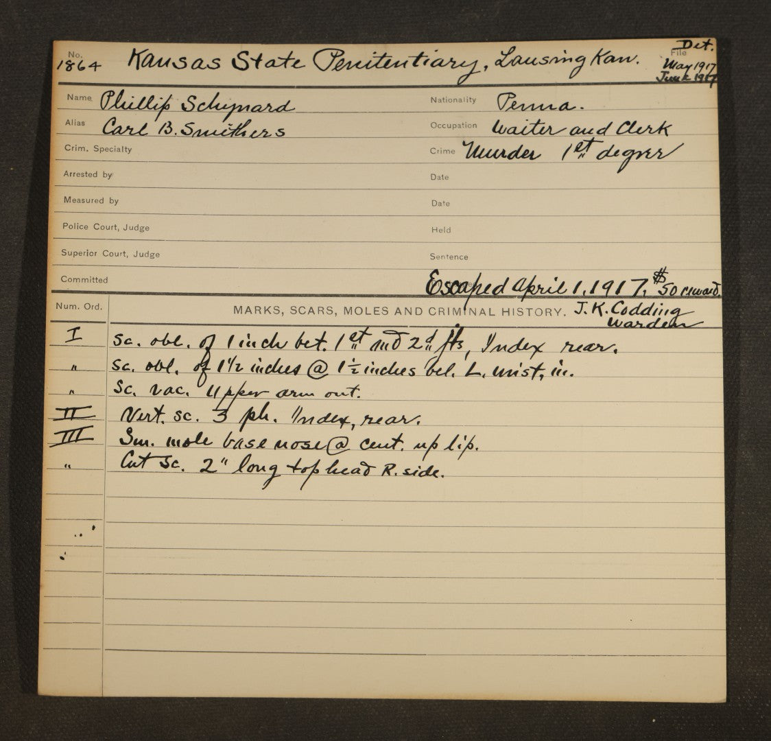 Grouping of Eight Antique Police Mugshot and Criminal Record Cards with Printed Photographs including Phillip Schynard, Kansas State Penitentiary First Degree Murder Escapee, and Con Men from Pittsburgh, Pennsylvania