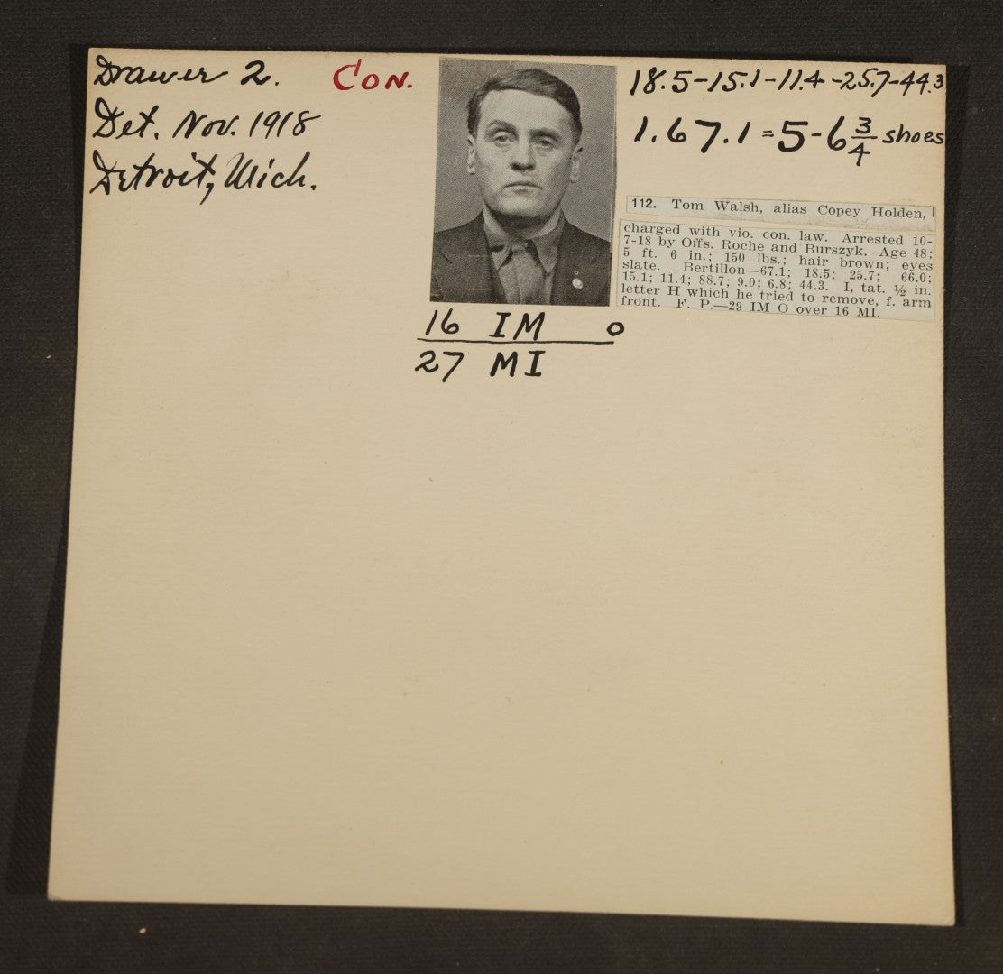 Grouping of Eight Antique Police Mugshot and Criminal Record Cards with Printed Photographs including Phillip Schynard, Kansas State Penitentiary First Degree Murder Escapee, and Con Men from Pittsburgh, Pennsylvania