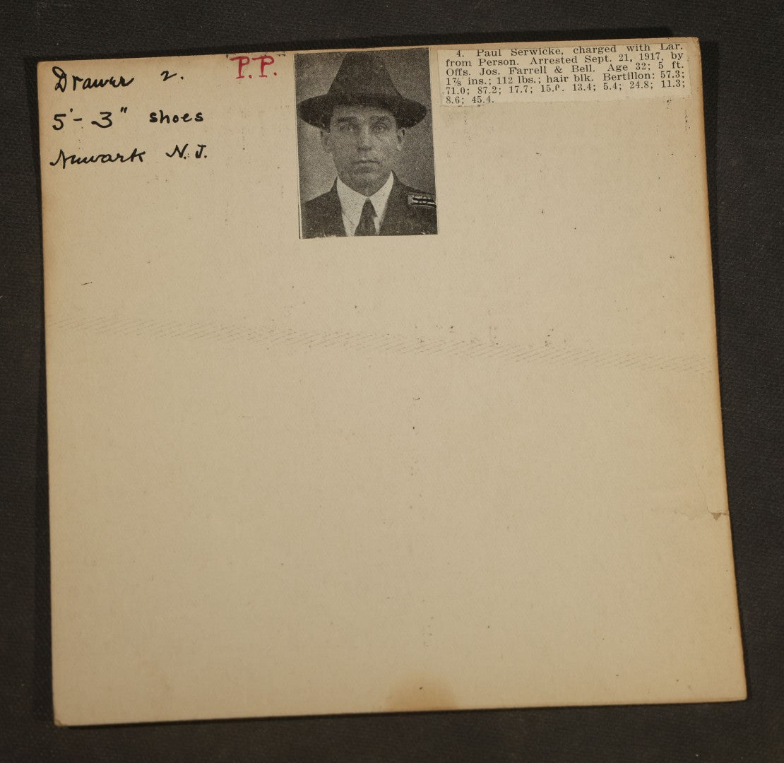 Grouping of Eight Antique Police Mugshot and Criminal Record Cards with Printed Photographs including Phillip Schynard, Kansas State Penitentiary First Degree Murder Escapee, and Con Men from Pittsburgh, Pennsylvania