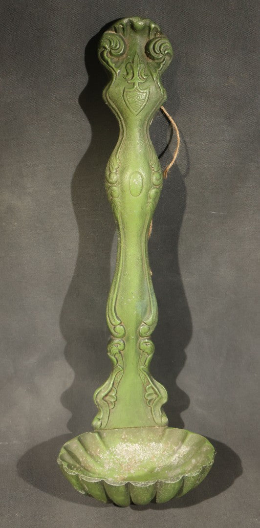 Vintage Green-Painted Cast Metal Decorative Ladle Wall Hanger with Shell-Form Bowl and Art Nouveau Scrollwork