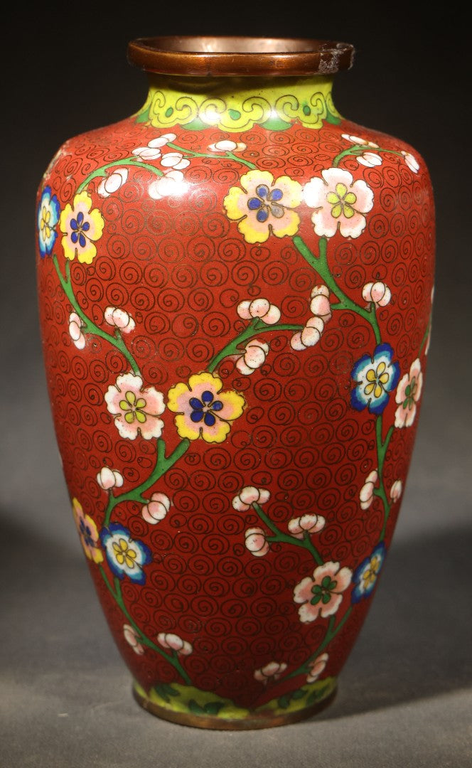 Vintage Chinese Cloisonne Vase with Prunus Blossom and Scroll Ground, Marked "China"