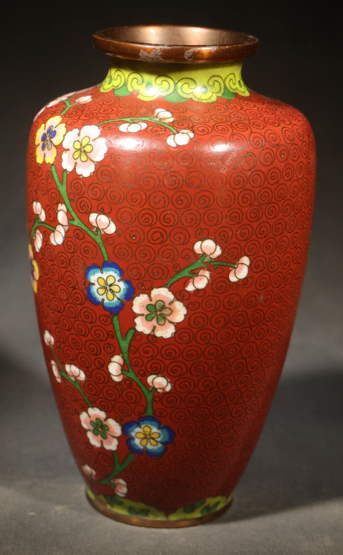 Vintage Chinese Cloisonne Vase with Prunus Blossom and Scroll Ground, Marked "China"