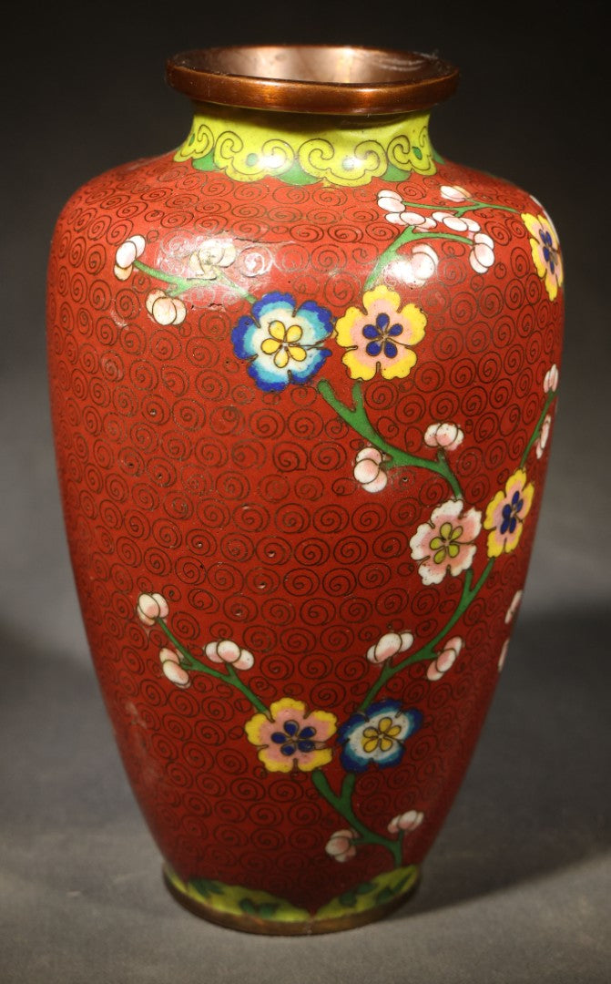 Vintage Chinese Cloisonne Vase with Prunus Blossom and Scroll Ground, Marked "China"