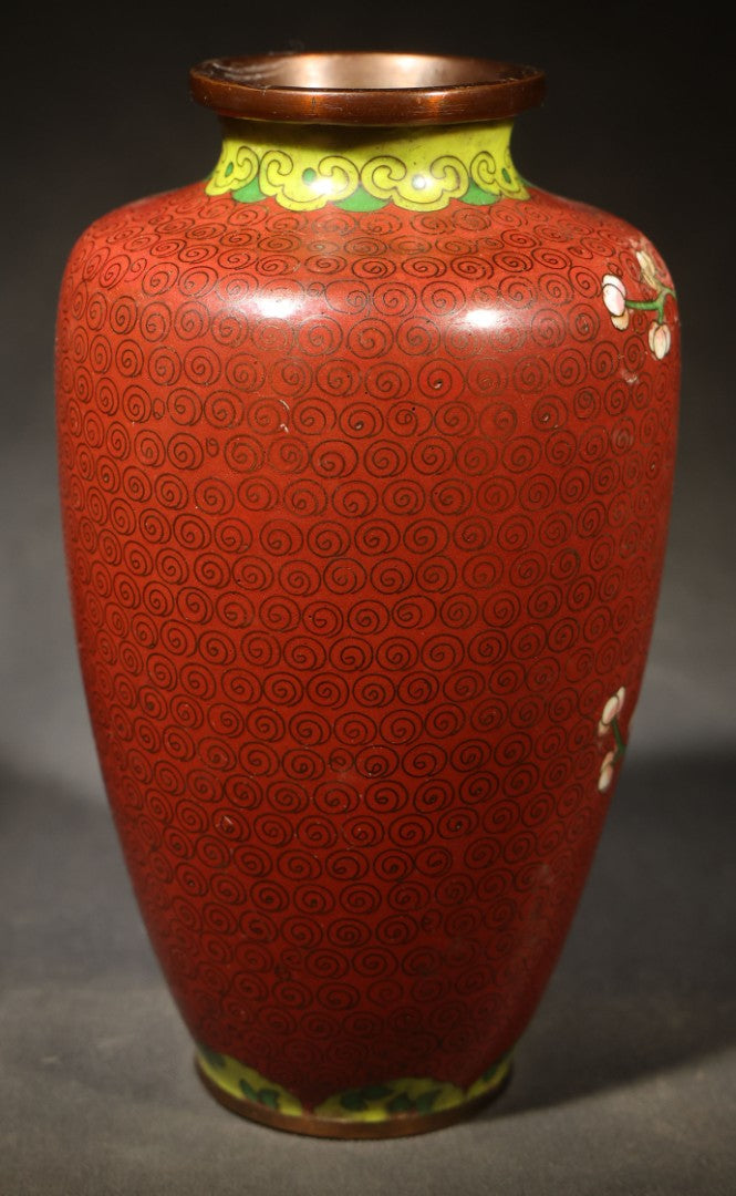 Vintage Chinese Cloisonne Vase with Prunus Blossom and Scroll Ground, Marked "China"