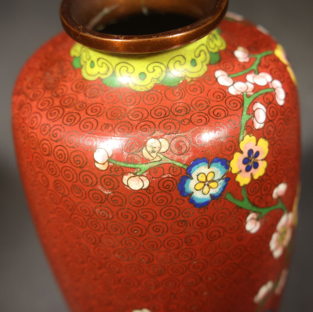 Vintage Chinese Cloisonne Vase with Prunus Blossom and Scroll Ground, Marked "China"