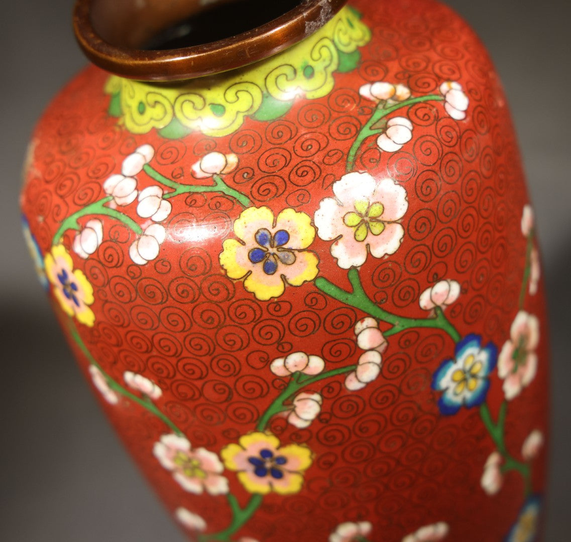 Vintage Chinese Cloisonne Vase with Prunus Blossom and Scroll Ground, Marked "China"