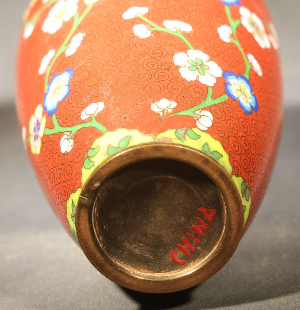 Vintage Chinese Cloisonne Vase with Prunus Blossom and Scroll Ground, Marked "China"
