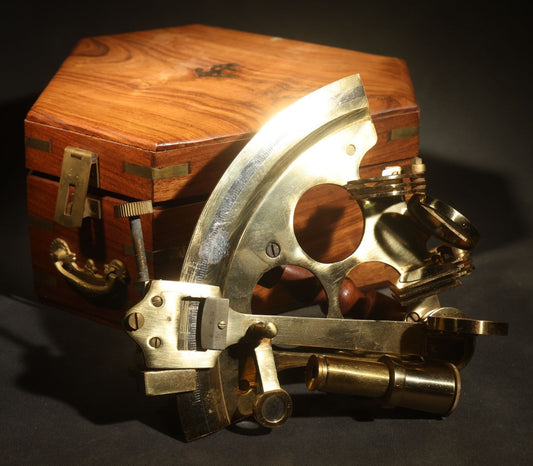Vintage Reproduction Brass Sextant with Wooden Handle in Wood Case with Brass Anchor Inlay