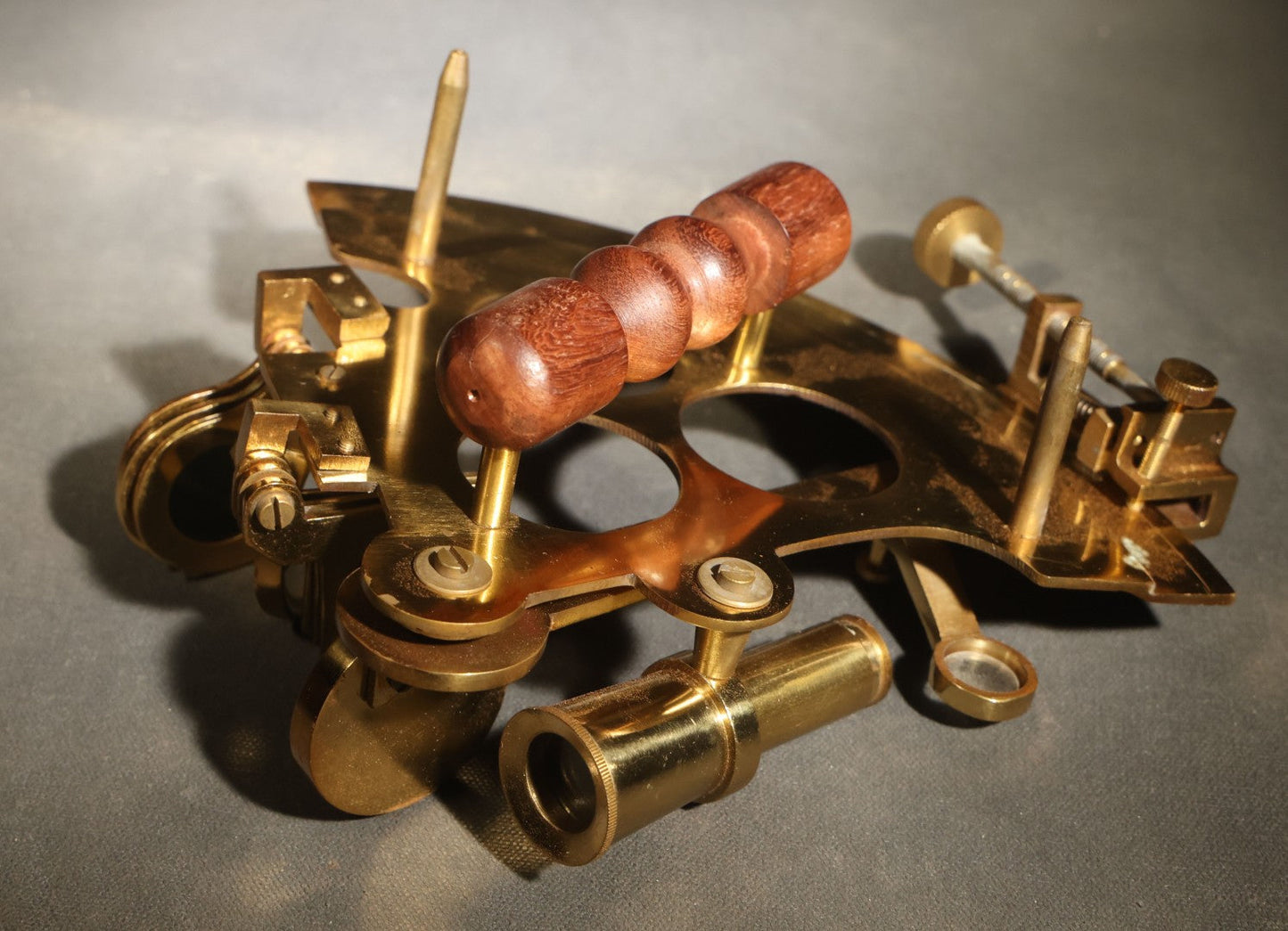 Vintage Reproduction Brass Sextant with Wooden Handle in Wood Case with Brass Anchor Inlay