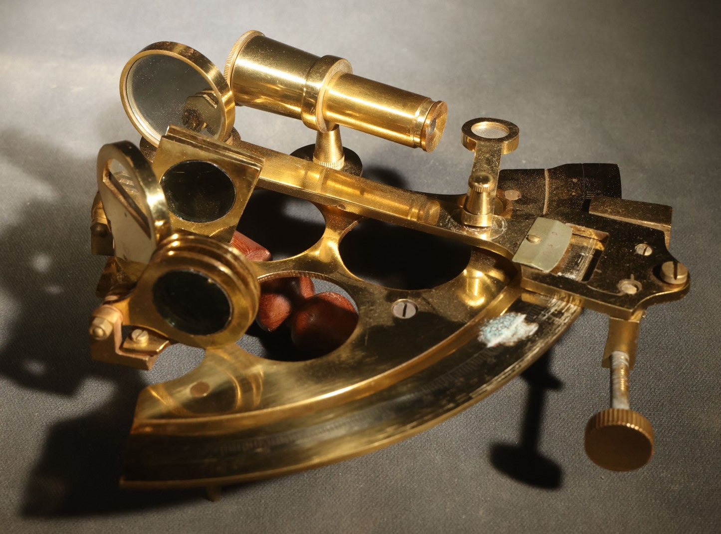 Vintage Reproduction Brass Sextant with Wooden Handle in Wood Case with Brass Anchor Inlay