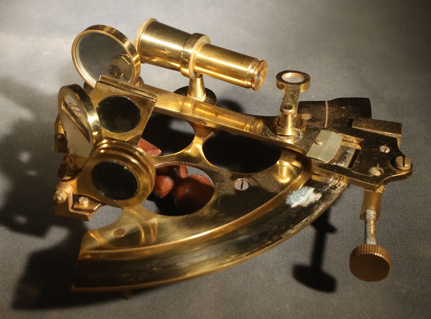 Vintage Reproduction Brass Sextant with Wooden Handle in Wood Case with Brass Anchor Inlay