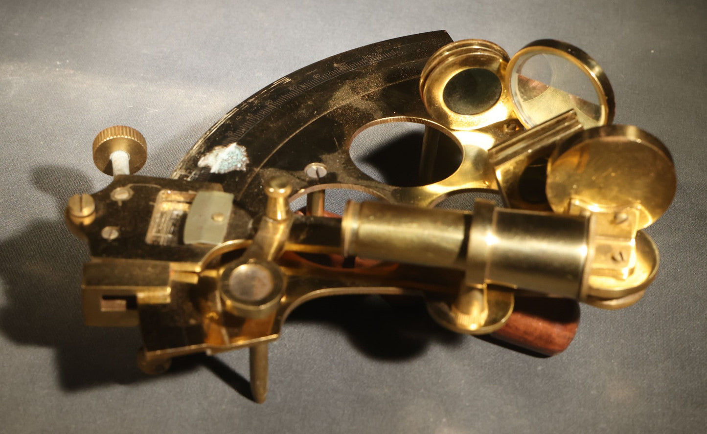 Vintage Reproduction Brass Sextant with Wooden Handle in Wood Case with Brass Anchor Inlay