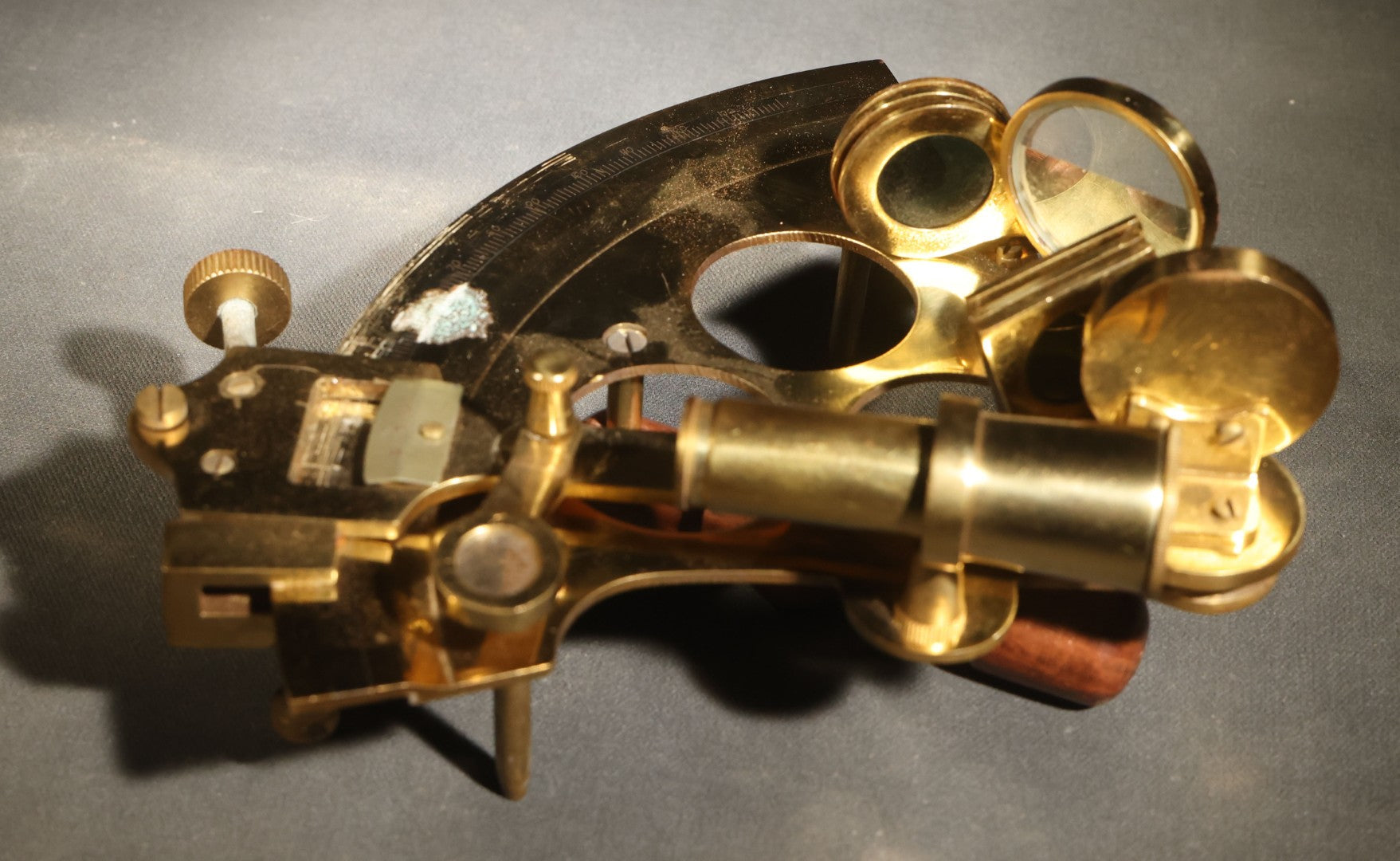 Vintage Reproduction Brass Sextant with Wooden Handle in Wood Case with Brass Anchor Inlay