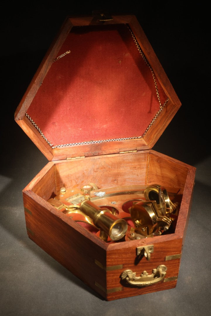 Vintage Reproduction Brass Sextant with Wooden Handle in Wood Case with Brass Anchor Inlay