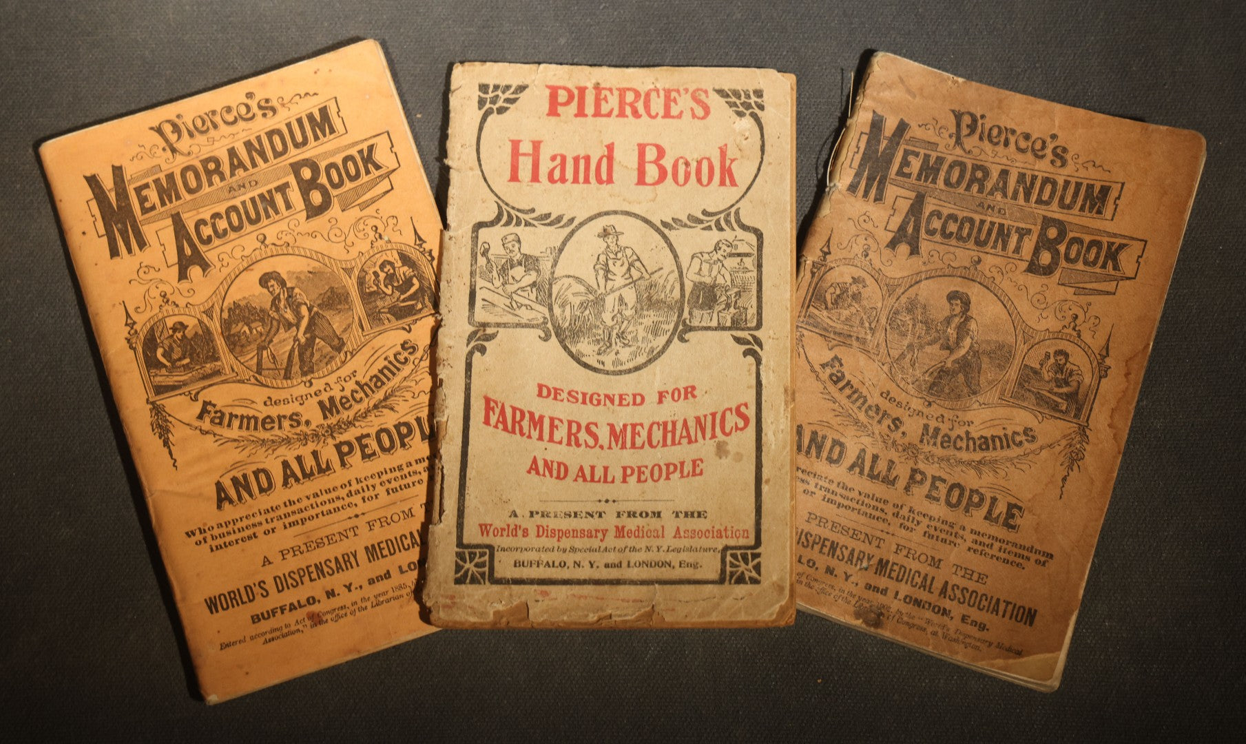 Grouping of Three Antique Dr. Pierce's Advertising Booklets including Two "Memorandum and Account Book" and One "Hand Book," World's Dispensary Medical Association, Buffalo, New York