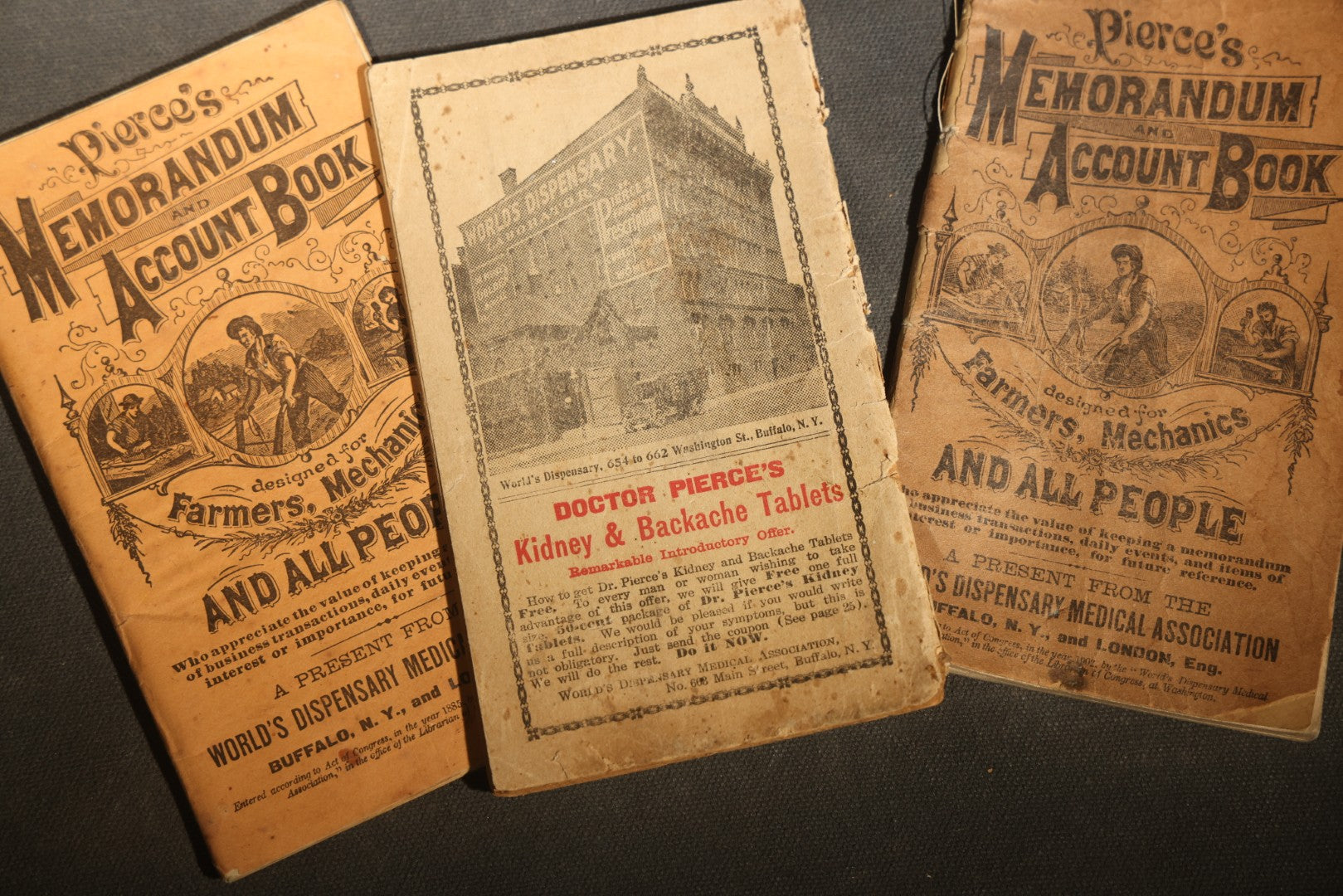 Grouping of Three Antique Dr. Pierce's Advertising Booklets including Two "Memorandum and Account Book" and One "Hand Book," World's Dispensary Medical Association, Buffalo, New York