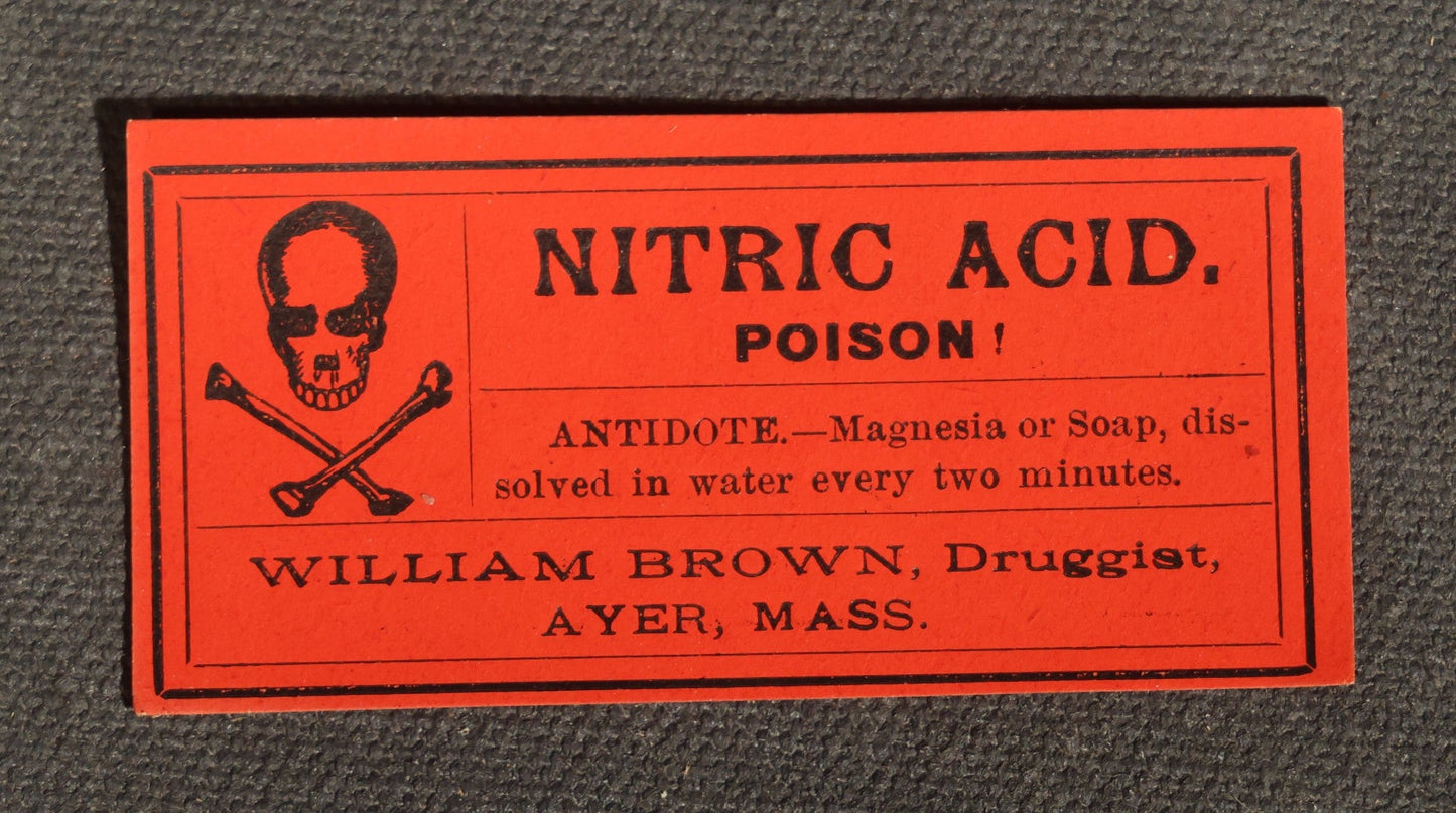Grouping of 12 Antique Unused Poison Labels with Skull and Crossbones including Laudanum and Nitric Acid, William Brown, Druggist, Ayer, Massachusetts