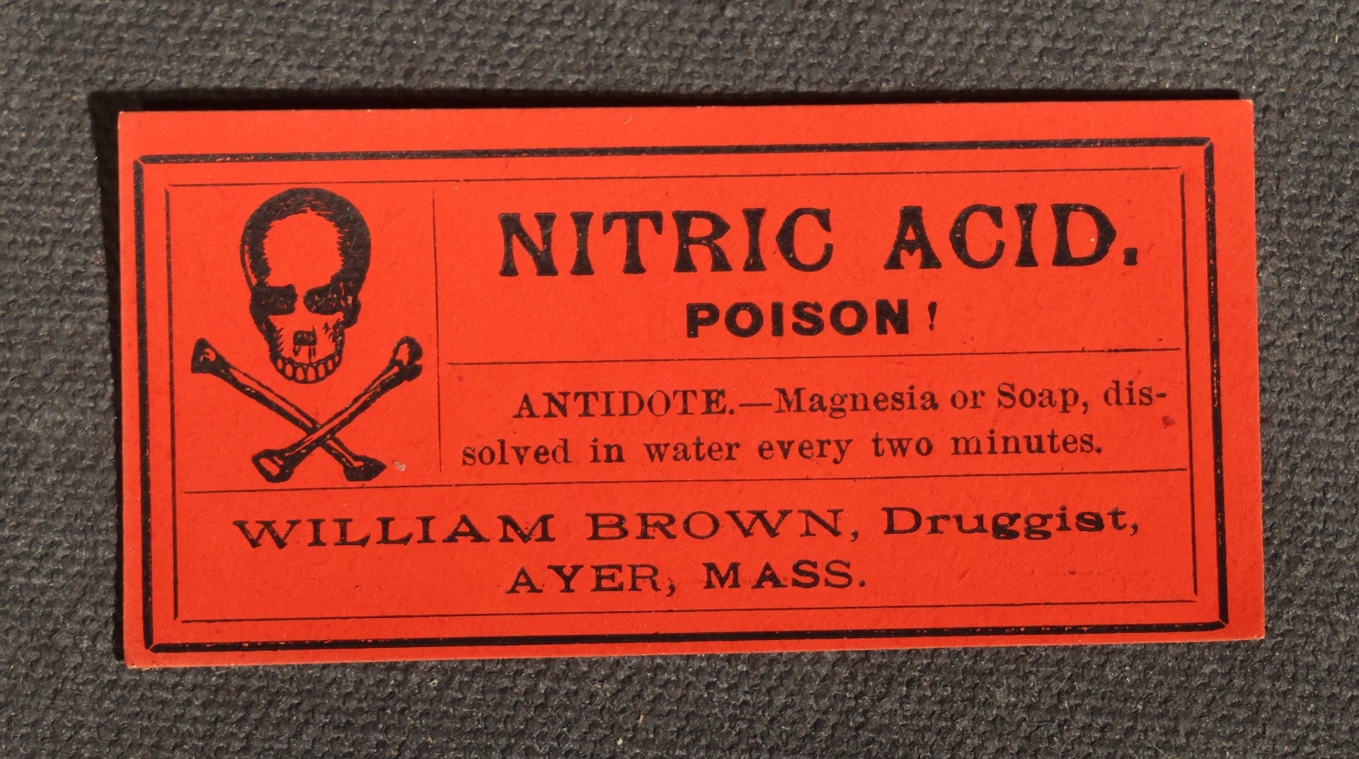 Grouping of 12 Antique Unused Poison Labels with Skull and Crossbones including Laudanum and Nitric Acid, William Brown, Druggist, Ayer, Massachusetts