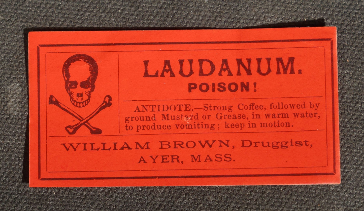 Grouping of 12 Antique Unused Poison Labels with Skull and Crossbones including Laudanum and Nitric Acid, William Brown, Druggist, Ayer, Massachusetts