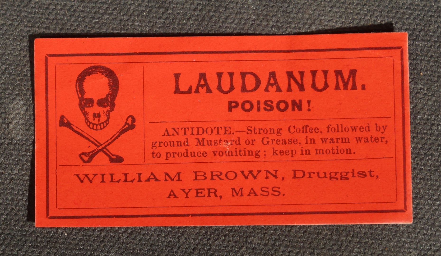 Grouping of 12 Antique Unused Poison Labels with Skull and Crossbones including Laudanum and Nitric Acid, William Brown, Druggist, Ayer, Massachusetts