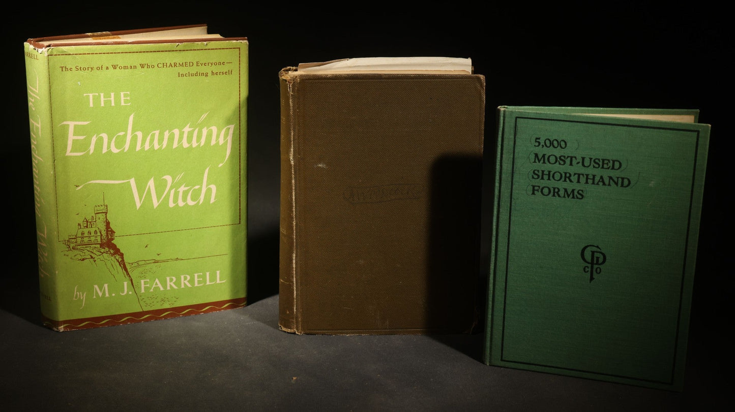 Trio of Antique and Vintage Books including "Myths of Greece and Rome" by H. A. Guerber, 1893, "The Enchanting Witch" by M. J. Farrell, 1951, and "5,000 Most-Used Shorthand Forms"