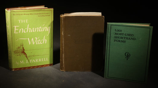 Trio of Antique and Vintage Books including "Myths of Greece and Rome" by H. A. Guerber, 1893, "The Enchanting Witch" by M. J. Farrell, 1951, and "5,000 Most-Used Shorthand Forms"