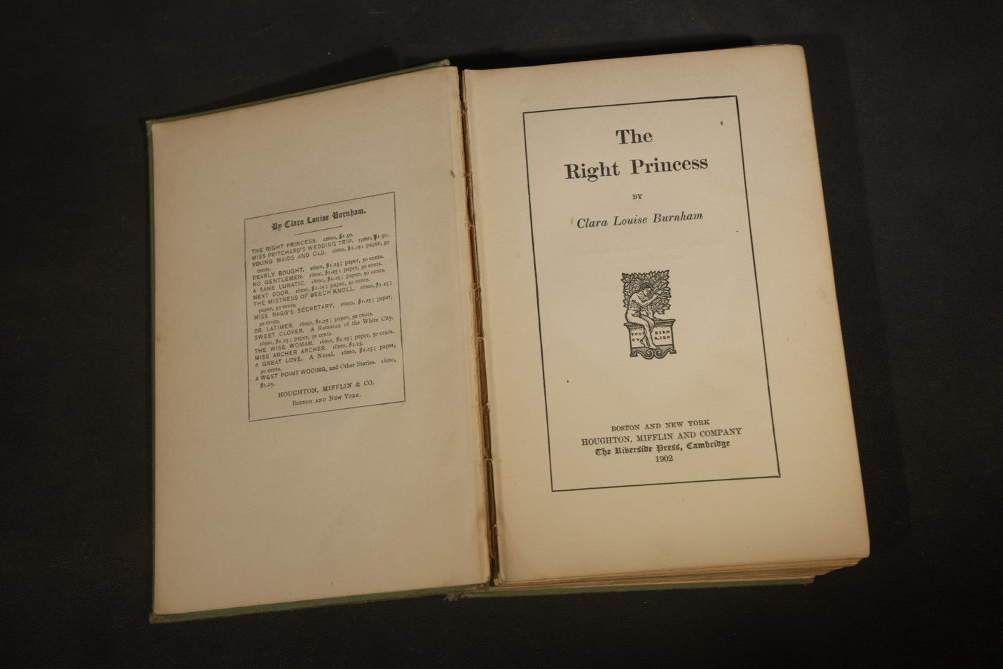Trio of Antique Books including "The Right Princess" by Clara Louise Burnham, 1902, "The Magic Carpet: Poems for Travellers" by Mrs. Waldo Richards, and "Elizabeth and Her German Garden"