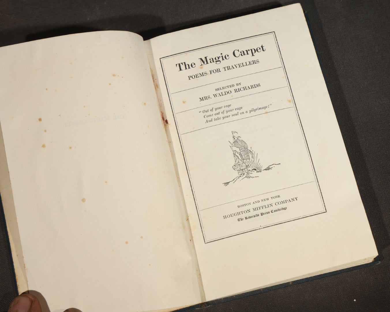 Trio of Antique Books including "The Right Princess" by Clara Louise Burnham, 1902, "The Magic Carpet: Poems for Travellers" by Mrs. Waldo Richards, and "Elizabeth and Her German Garden"