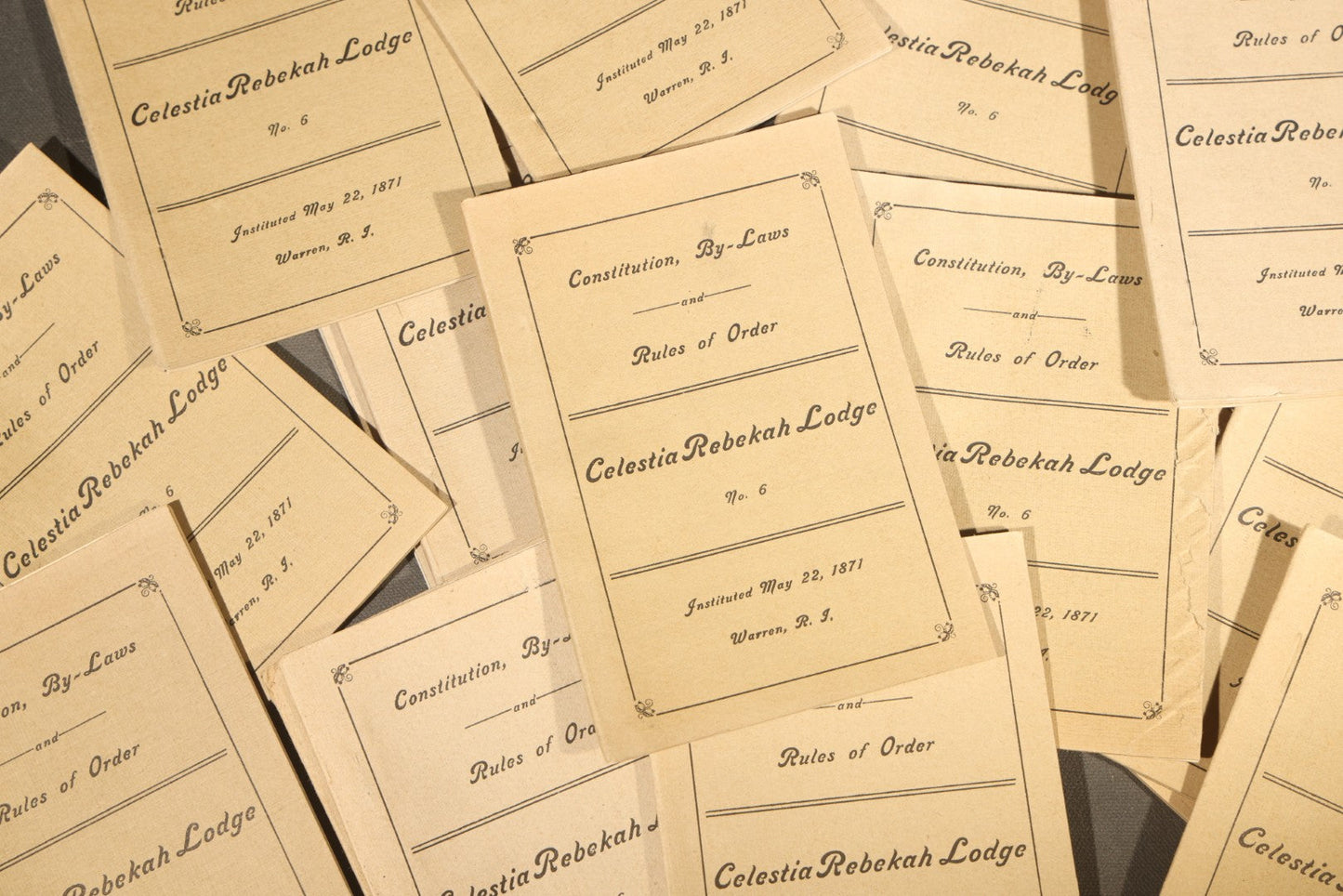 Grouping of 10+ Antique "Constitution, By-Laws and Rules of Order" Booklets, Celestia Rebekah Lodge No. 6, I.O.O.F., Warren, Rhode Island, Instituted May 22, 1871