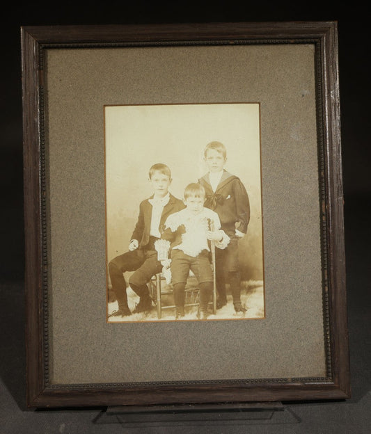 Antique Framed Cabinet Card Photograph of Three Young Boys, Phippen Family, Newspaper Obituary Clipping for Hardy Phippen of Newton, Massachusetts on Verso