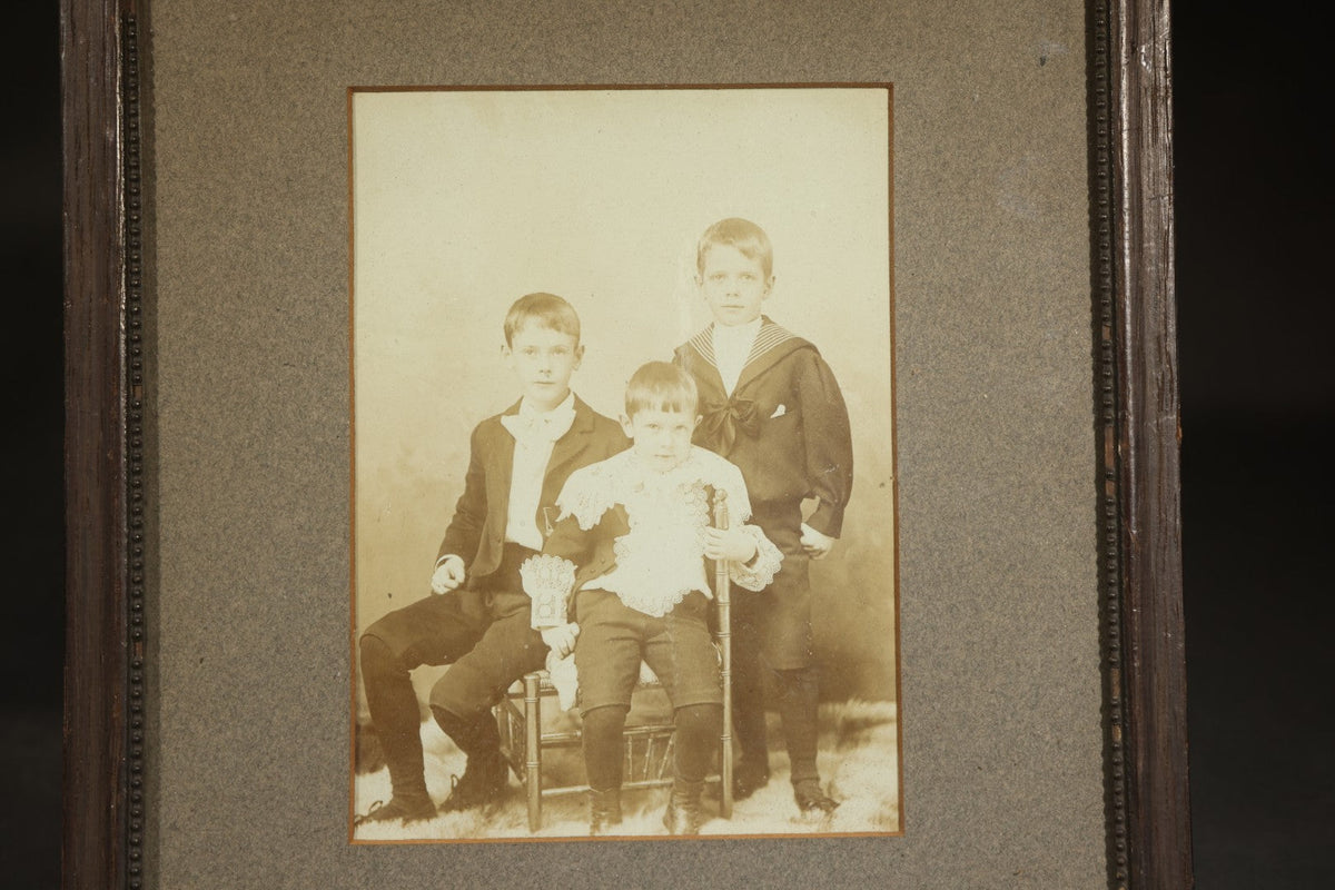 Antique Framed Cabinet Card Photograph of Three Young Boys, Phippen Family, Newspaper Obituary Clipping for Hardy Phippen of Newton, Massachusetts on Verso