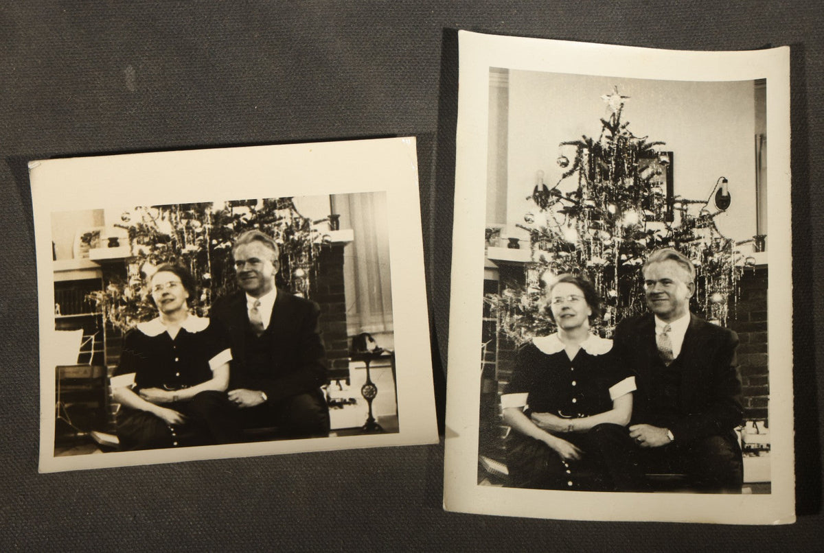 Grouping of 25+ Antique and Vintage Snapshot Photographs including Christmas Tree Portraits, Children with Dogs, Residential Architecture, and Family Scenes