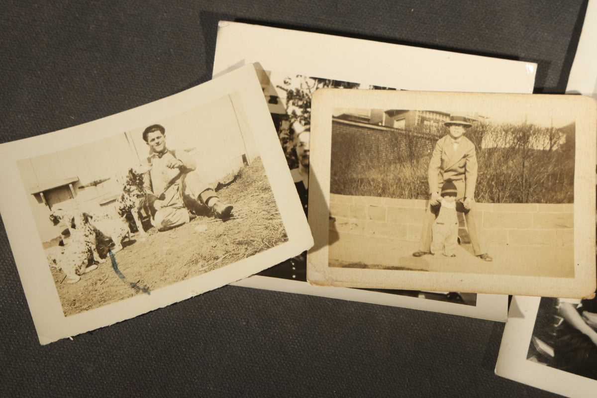 Grouping of 25+ Antique and Vintage Snapshot Photographs including Christmas Tree Portraits, Children with Dogs, Residential Architecture, and Family Scenes