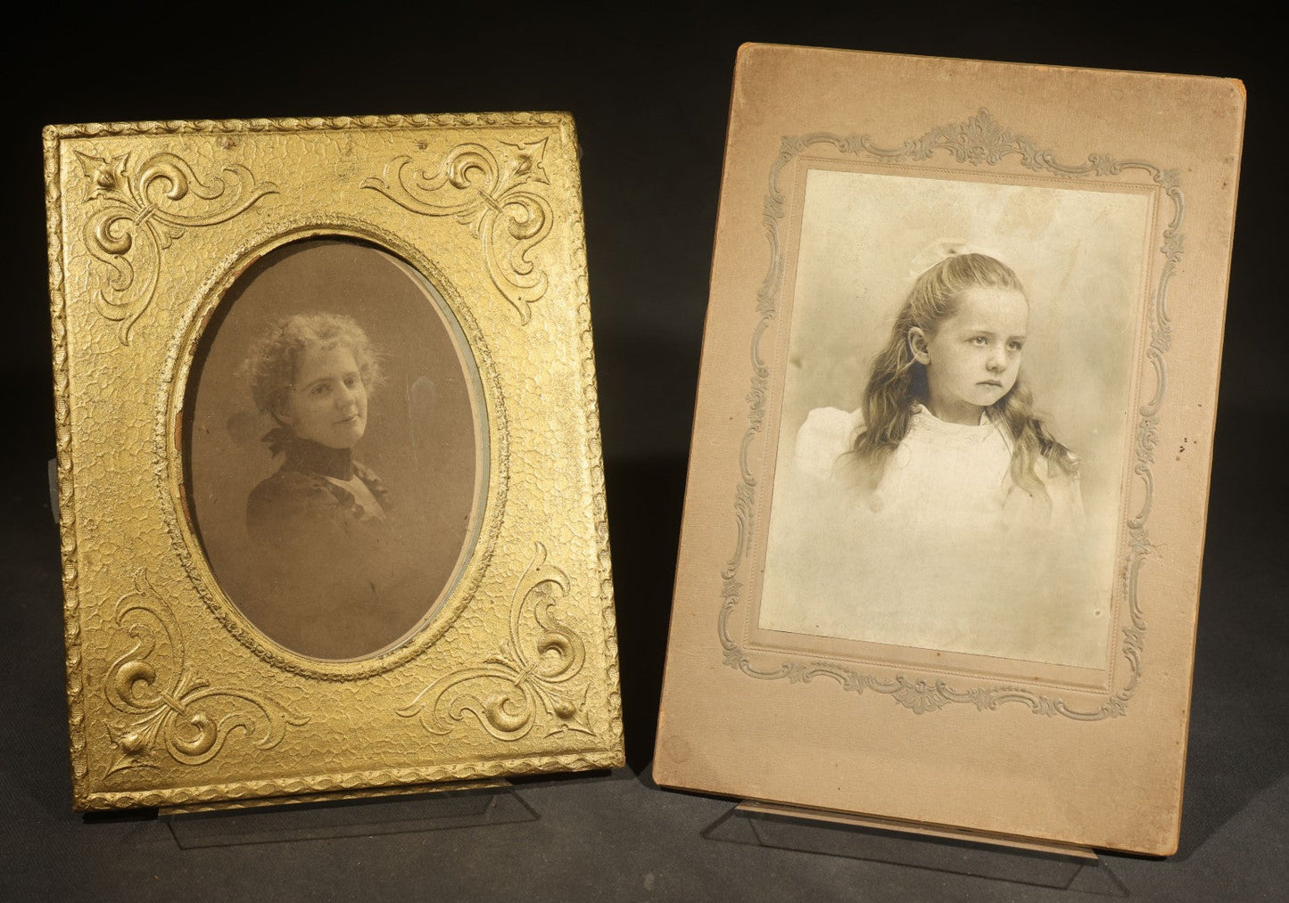 Pair of Antique Photographs including Woman in Gold-Painted Embossed Frame with Oval Window and Board-Mounted Portrait of a Young Girl with Decorative Border