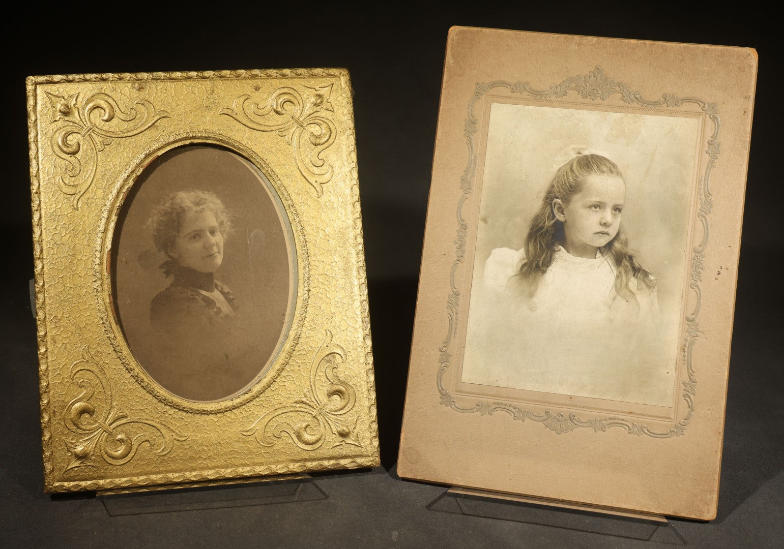 Pair of Antique Photographs including Woman in Gold-Painted Embossed Frame with Oval Window and Board-Mounted Portrait of a Young Girl with Decorative Border