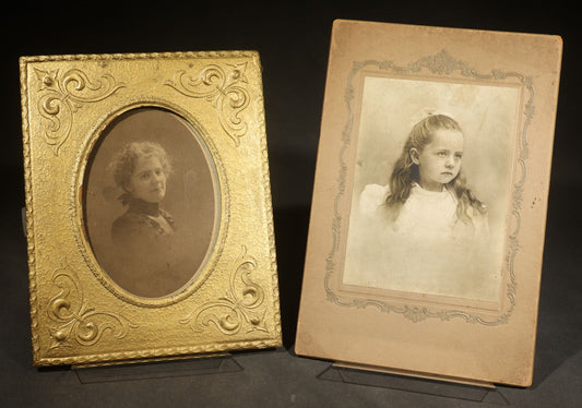 Pair of Antique Photographs including Woman in Gold-Painted Embossed Frame with Oval Window and Board-Mounted Portrait of a Young Girl with Decorative Border