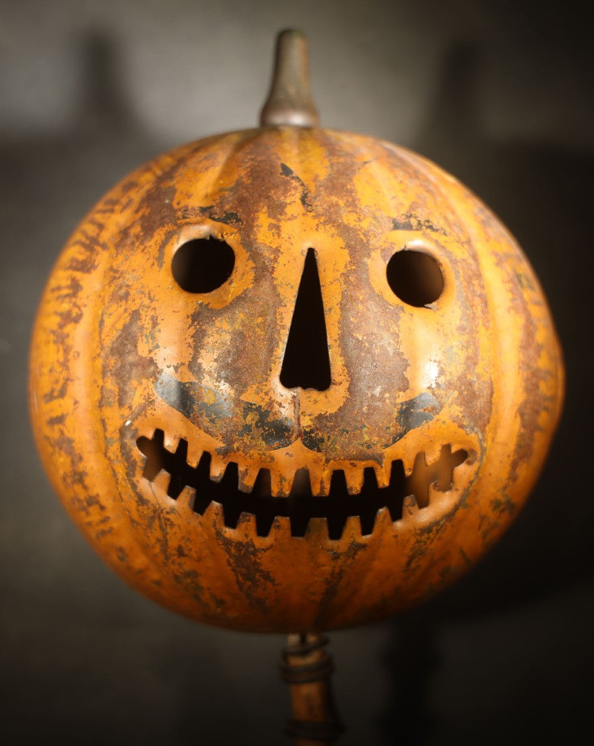 Antique Pressed Tin Halloween Jack-O-Lantern Pumpkin Parade Lantern on Bamboo Stick with Interior Candle Cup, Attributed to Toledo Metal Sign Company, Toledo, Ohio, Circa 1905-1910