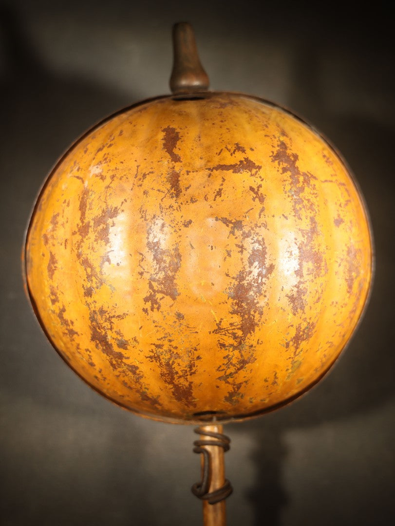 Antique Pressed Tin Halloween Jack-O-Lantern Pumpkin Parade Lantern on Bamboo Stick with Interior Candle Cup, Attributed to Toledo Metal Sign Company, Toledo, Ohio, Circa 1905-1910