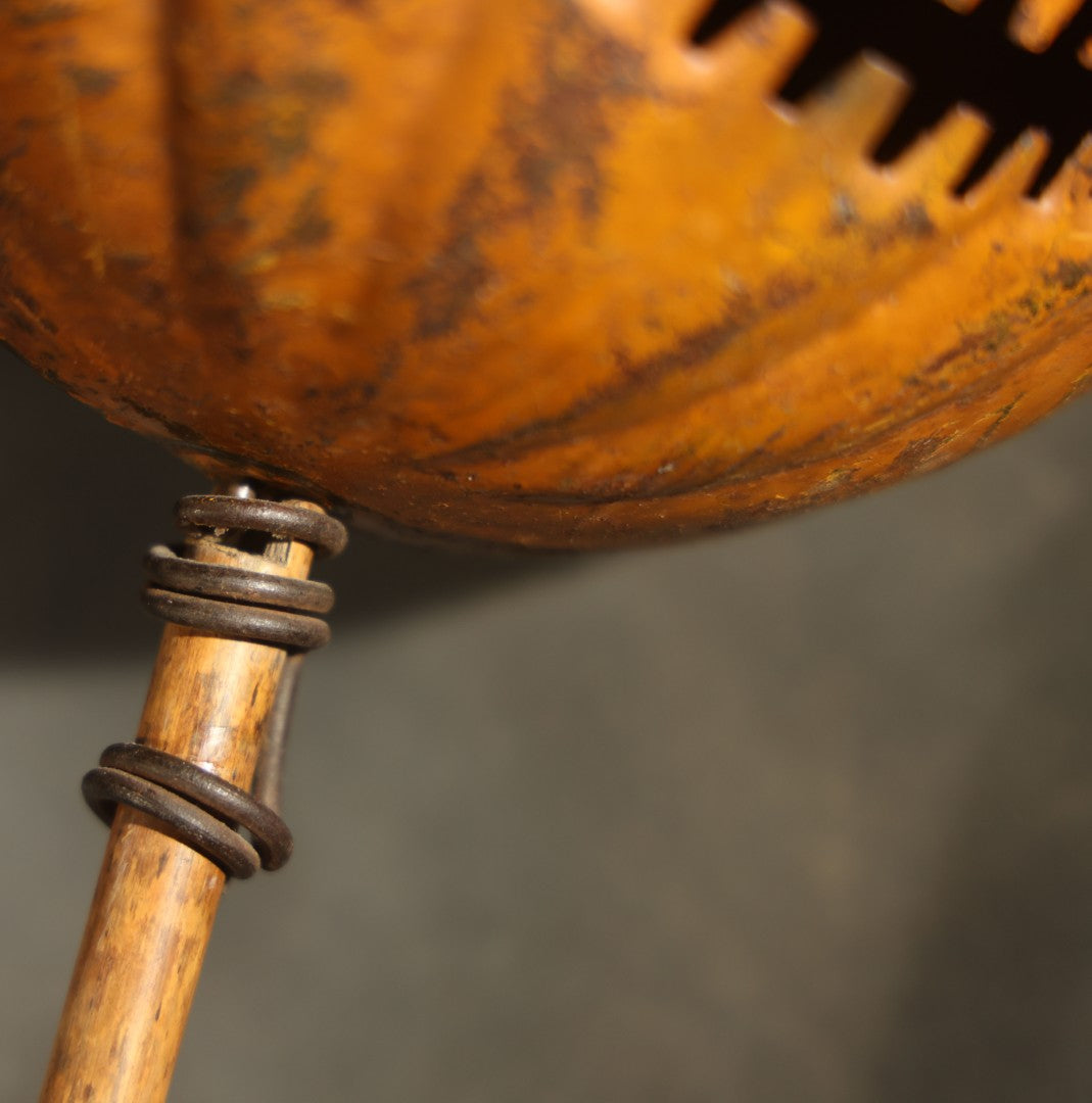 Antique Pressed Tin Halloween Jack-O-Lantern Pumpkin Parade Lantern on Bamboo Stick with Interior Candle Cup, Attributed to Toledo Metal Sign Company, Toledo, Ohio, Circa 1905-1910