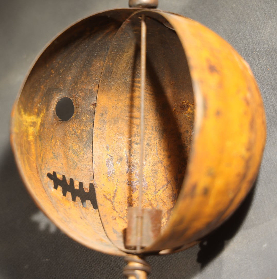 Antique Pressed Tin Halloween Jack-O-Lantern Pumpkin Parade Lantern on Bamboo Stick with Interior Candle Cup, Attributed to Toledo Metal Sign Company, Toledo, Ohio, Circa 1905-1910