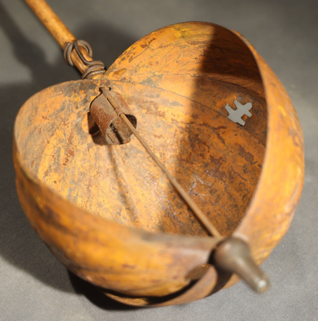 Antique Pressed Tin Halloween Jack-O-Lantern Pumpkin Parade Lantern on Bamboo Stick with Interior Candle Cup, Attributed to Toledo Metal Sign Company, Toledo, Ohio, Circa 1905-1910
