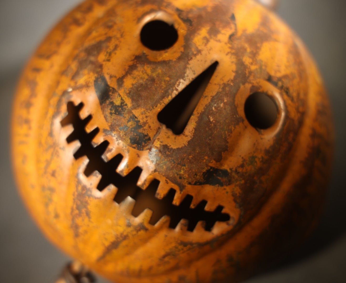 Antique Pressed Tin Halloween Jack-O-Lantern Pumpkin Parade Lantern on Bamboo Stick with Interior Candle Cup, Attributed to Toledo Metal Sign Company, Toledo, Ohio, Circa 1905-1910