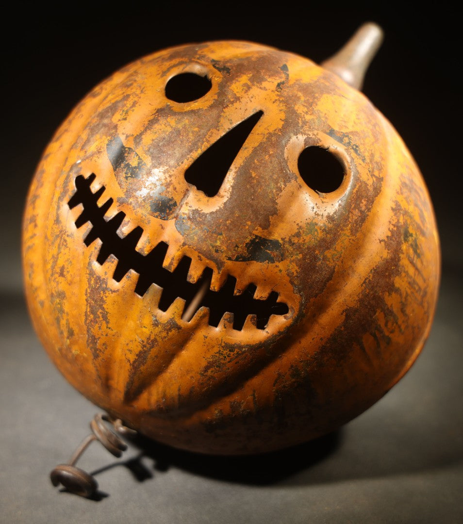 Antique Pressed Tin Halloween Jack-O-Lantern Pumpkin Parade Lantern on Bamboo Stick with Interior Candle Cup, Attributed to Toledo Metal Sign Company, Toledo, Ohio, Circa 1905-1910