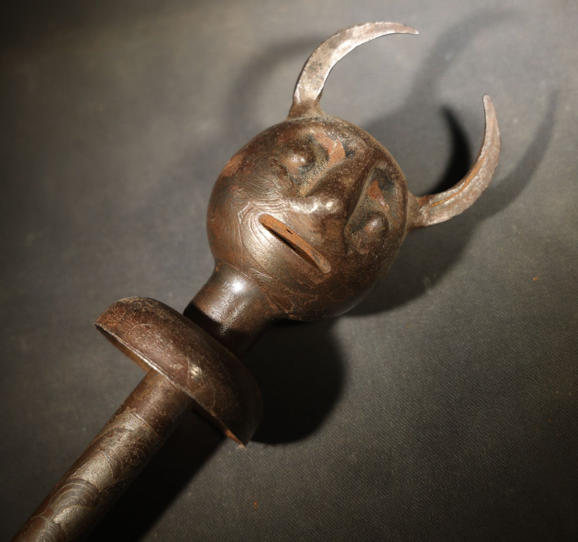 Vintage Persian Export Devil-Head Mace with Engraved Shaft and Disc Guard