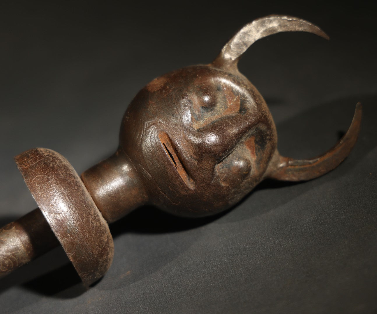 Vintage Persian Export Devil-Head Mace with Engraved Shaft and Disc Guard
