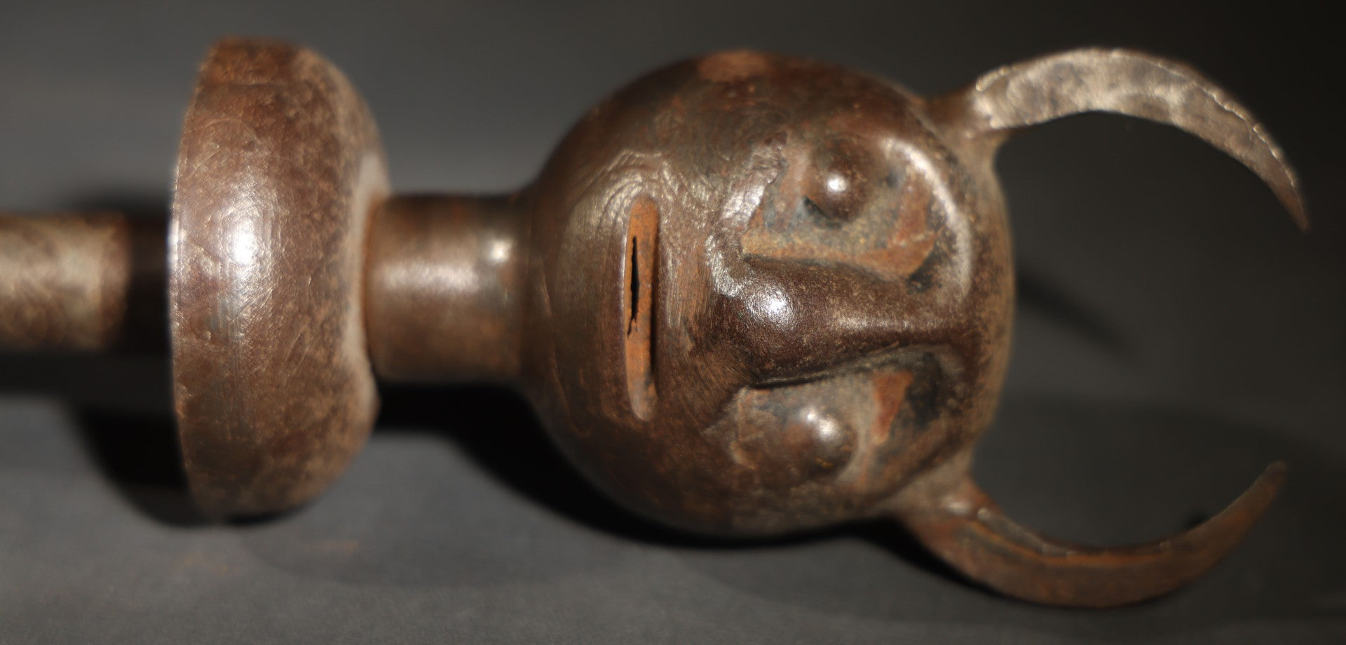 Vintage Persian Export Devil-Head Mace with Engraved Shaft and Disc Guard